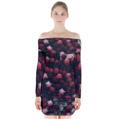 Floral Stars -dark Red Long Sleeve Off Shoulder Dress by okhismakingart