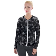 Floral Stars -black And White, High Contrast Velour Zip Up Jacket