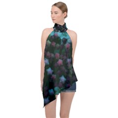 Floral Stars -Blue Halter Asymmetric Satin Top