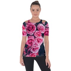 Pink Roses Ii Shoulder Cut Out Short Sleeve Top by okhismakingart