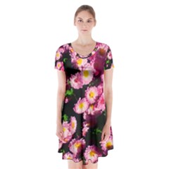 Pink Flower Bushes Short Sleeve V-neck Flare Dress by okhismakingart