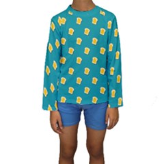 Toast With Cheese Pattern Turquoise Green Background Retro Funny Food Kids  Long Sleeve Swimwear by genx