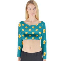 Toast With Cheese Pattern Turquoise Green Background Retro Funny Food Long Sleeve Crop Top by genx