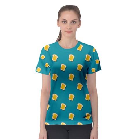 Toast With Cheese Pattern Turquoise Green Background Retro Funny Food Women s Sport Mesh Tee by genx