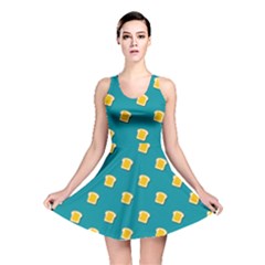 Toast With Cheese Pattern Turquoise Green Background Retro Funny Food Reversible Skater Dress by genx