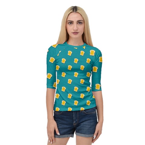 Toast With Cheese Pattern Turquoise Green Background Retro Funny Food Quarter Sleeve Raglan Tee by genx