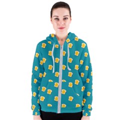 Toast With Cheese Pattern Turquoise Green Background Retro Funny Food Women s Zipper Hoodie by genx