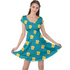 Toast With Cheese Pattern Turquoise Green Background Retro Funny Food Cap Sleeve Dress by genx