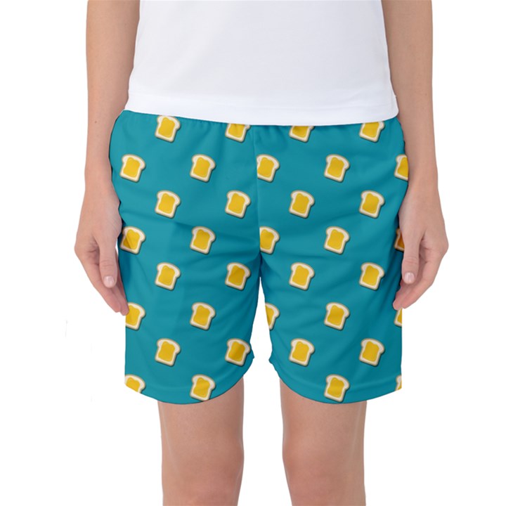 Toast With Cheese Pattern Turquoise Green Background Retro funny food Women s Basketball Shorts