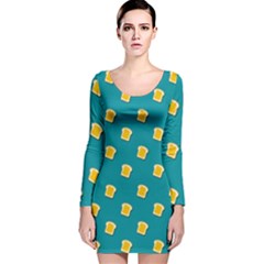 Toast With Cheese Pattern Turquoise Green Background Retro Funny Food Long Sleeve Velvet Bodycon Dress by genx