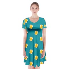 Toast With Cheese Pattern Turquoise Green Background Retro Funny Food Short Sleeve V-neck Flare Dress by genx