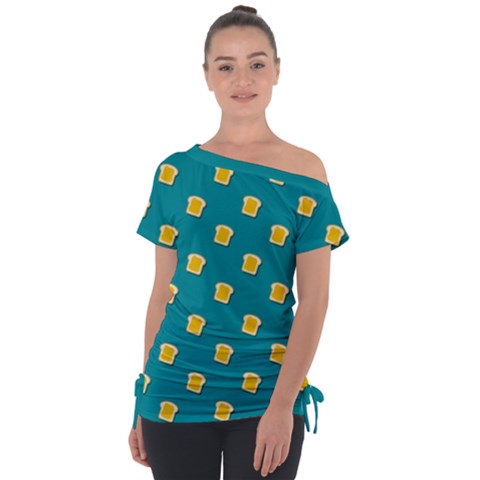 Toast With Cheese Pattern Turquoise Green Background Retro Funny Food Tie-up Tee by genx