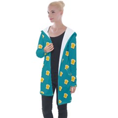 Toast With Cheese Pattern Turquoise Green Background Retro Funny Food Longline Hooded Cardigan by genx