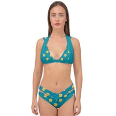 Toast With Cheese Pattern Turquoise Green Background Retro Funny Food Double Strap Halter Bikini Set by genx