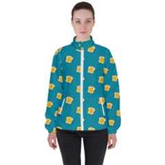 Toast With Cheese Pattern Turquoise Green Background Retro Funny Food Women s High Neck Windbreaker by genx