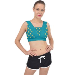 Toast With Cheese Pattern Turquoise Green Background Retro Funny Food V-back Sports Bra