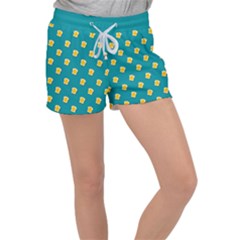 Toast With Cheese Pattern Turquoise Green Background Retro Funny Food Women s Velour Lounge Shorts by genx