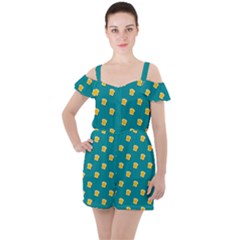 Toast With Cheese Pattern Turquoise Green Background Retro Funny Food Ruffle Cut Out Chiffon Playsuit by genx