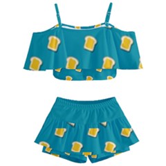 Toast With Cheese Pattern Turquoise Green Background Retro Funny Food Kids  Off Shoulder Skirt Bikini by genx