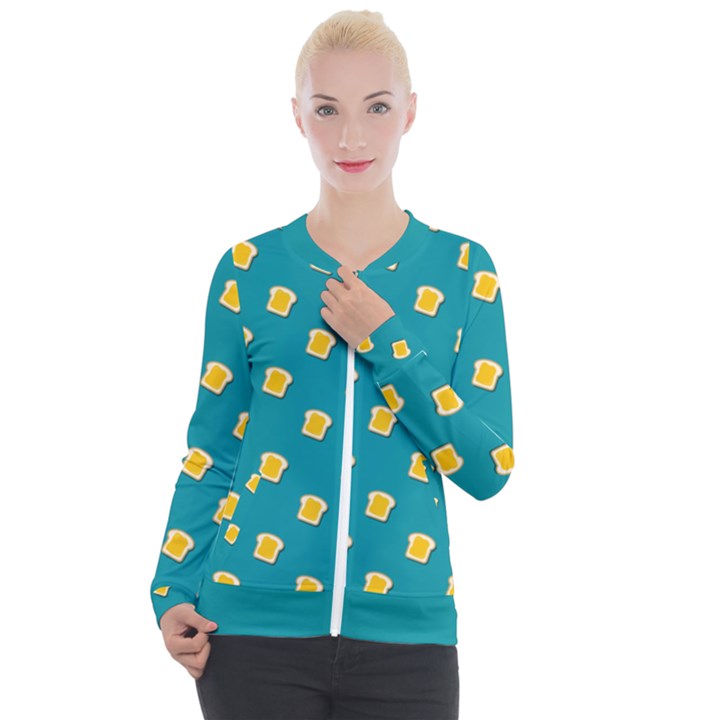 Toast With Cheese Pattern Turquoise Green Background Retro funny food Casual Zip Up Jacket