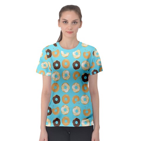 Donuts Pattern With Bites Bright Pastel Blue And Brown Women s Sport Mesh Tee by genx
