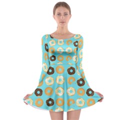 Donuts Pattern With Bites Bright Pastel Blue And Brown Long Sleeve Skater Dress by genx