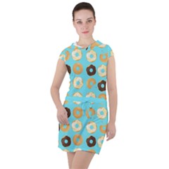 Donuts Pattern With Bites Bright Pastel Blue And Brown Drawstring Hooded Dress by genx