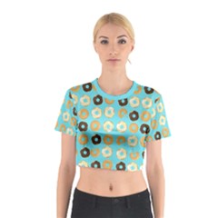 Donuts Pattern With Bites Bright Pastel Blue And Brown Cotton Crop Top