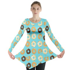 Donuts Pattern With Bites Bright Pastel Blue And Brown Long Sleeve Tunic  by genx