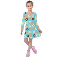 Donuts Pattern With Bites Bright Pastel Blue And Brown Kids  Long Sleeve Velvet Dress by genx