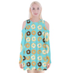 Donuts Pattern With Bites Bright Pastel Blue And Brown Velvet Long Sleeve Shoulder Cutout Dress by genx
