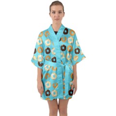 Donuts Pattern With Bites Bright Pastel Blue And Brown Quarter Sleeve Kimono Robe by genx