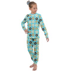 Donuts Pattern With Bites Bright Pastel Blue And Brown Kids  Long Sleeve Set  by genx