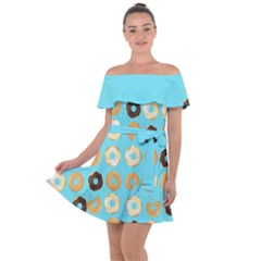 Donuts Pattern With Bites Bright Pastel Blue And Brown Off Shoulder Velour Dress by genx