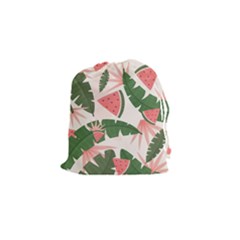 Tropical Watermelon Leaves Pink And Green Jungle Leaves Retro Hawaiian Style Drawstring Pouch (small) by genx