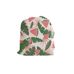 Tropical Watermelon Leaves Pink And Green Jungle Leaves Retro Hawaiian Style Drawstring Pouch (medium) by genx