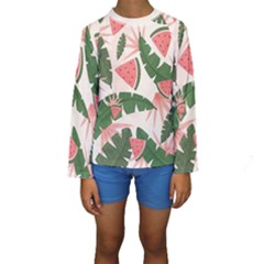 Tropical Watermelon Leaves Pink And Green Jungle Leaves Retro Hawaiian Style Kids  Long Sleeve Swimwear by genx