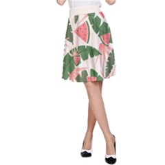 Tropical Watermelon Leaves Pink And Green Jungle Leaves Retro Hawaiian Style A-line Skirt by genx