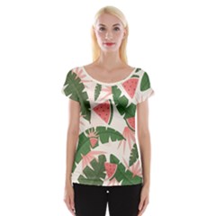 Tropical Watermelon Leaves Pink And Green Jungle Leaves Retro Hawaiian Style Cap Sleeve Top