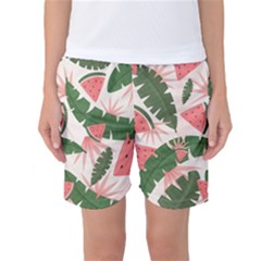 Tropical Watermelon Leaves Pink And Green Jungle Leaves Retro Hawaiian Style Women s Basketball Shorts by genx