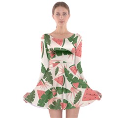 Tropical Watermelon Leaves Pink And Green Jungle Leaves Retro Hawaiian Style Long Sleeve Skater Dress by genx