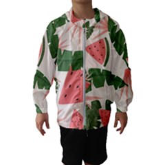 Tropical Watermelon Leaves Pink And Green Jungle Leaves Retro Hawaiian Style Kids  Hooded Windbreaker by genx