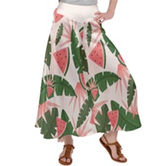 Tropical Watermelon Leaves Pink And Green Jungle Leaves Retro Hawaiian Style Satin Palazzo Pants by genx