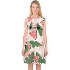 Tropical Watermelon Leaves Pink And Green Jungle Leaves Retro Hawaiian Style Capsleeve Midi Dress by genx