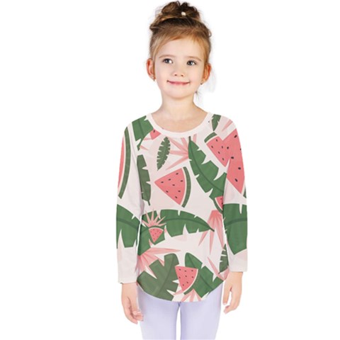 Tropical Watermelon Leaves Pink And Green Jungle Leaves Retro Hawaiian Style Kids  Long Sleeve Tee by genx