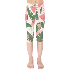 Tropical Watermelon Leaves Pink And Green Jungle Leaves Retro Hawaiian Style Kids  Capri Leggings  by genx