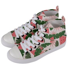 Tropical Watermelon Leaves Pink And Green Jungle Leaves Retro Hawaiian Style Women s Mid-top Canvas Sneakers by genx