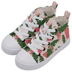 Tropical Watermelon Leaves Pink And Green Jungle Leaves Retro Hawaiian Style Kids  Mid-top Canvas Sneakers by genx