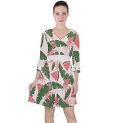 Tropical Watermelon Leaves Pink And Green Jungle Leaves Retro Hawaiian Style Ruffle Dress by genx