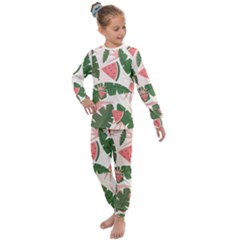 Tropical Watermelon Leaves Pink And Green Jungle Leaves Retro Hawaiian Style Kids  Long Sleeve Set  by genx